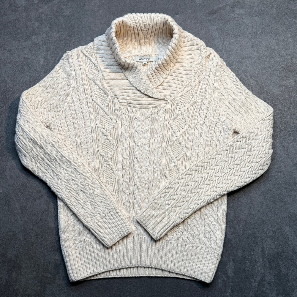 Vtg Wainscott Sweater‎ Cream Cable Knit Shawl Collar Cotton Womens M Fisherman